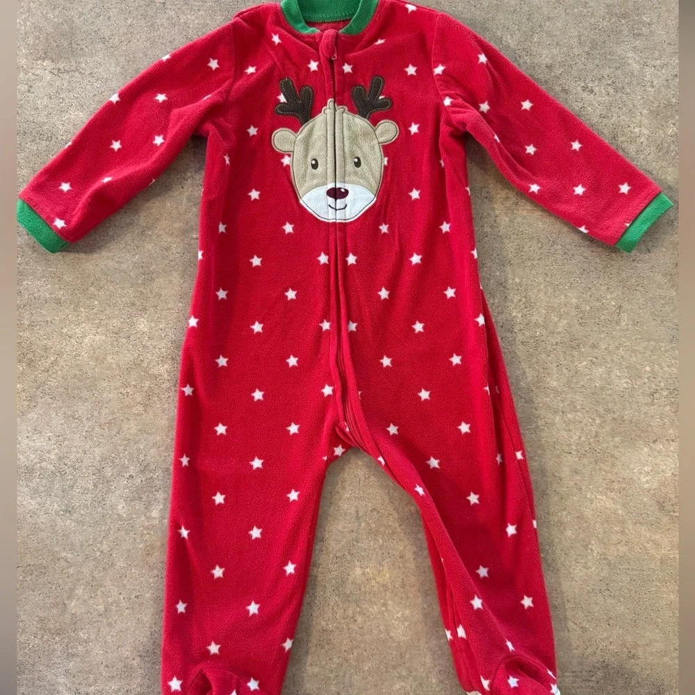 Little Me - Red Fleece Infant Holiday Starry Reindeer Footie, Size 18M